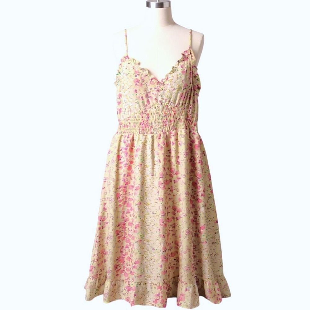 SIENNA SKY Floral Ruffle Midi Dress Yellow Pink Smocked Waist Soft Medium NWT